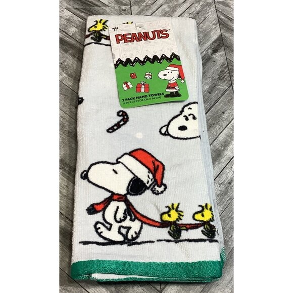 2 Snoopy Christmas Hand Kitchen Towel Set Woodstock 15" x 25" Dishcloths - Picture 1 of 5